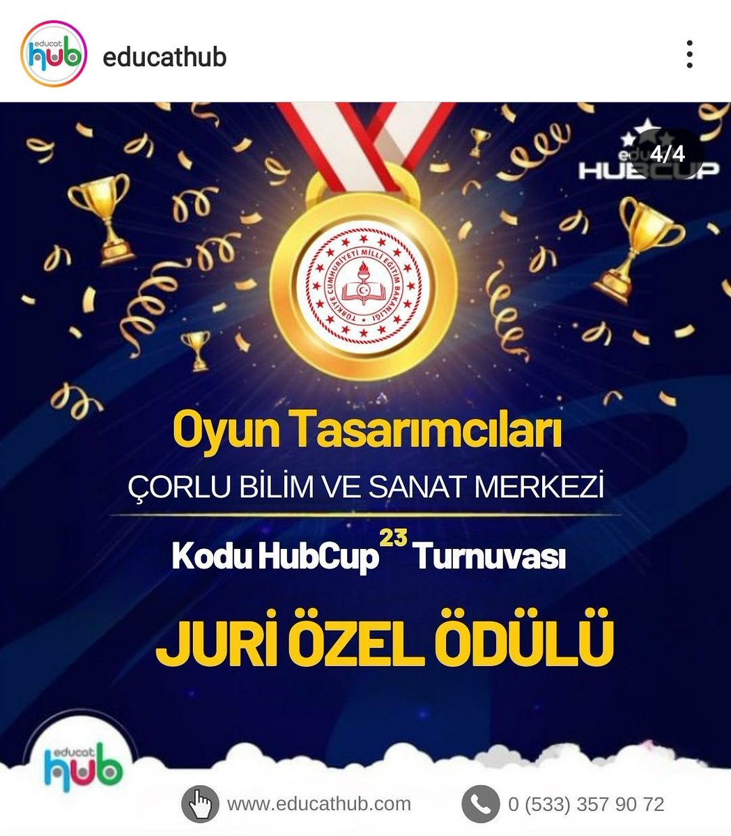 Öğrencilerim ödül kazandı 🏅🏆🎉 Danışmanlığını yaptığım Oyun Tasarımcıları Takımına Jüri Özel Ödülü! EducatHUB'ın organize ettiği Sürdürülebilir Çevre Temalı Kodu HubCup Turnuvasında Ortaokul seviyesinde, Jüri Özel Ödülüne layık görüldük. Öğrencilerimizi tebrik ediyorum🏆👏👏🏅