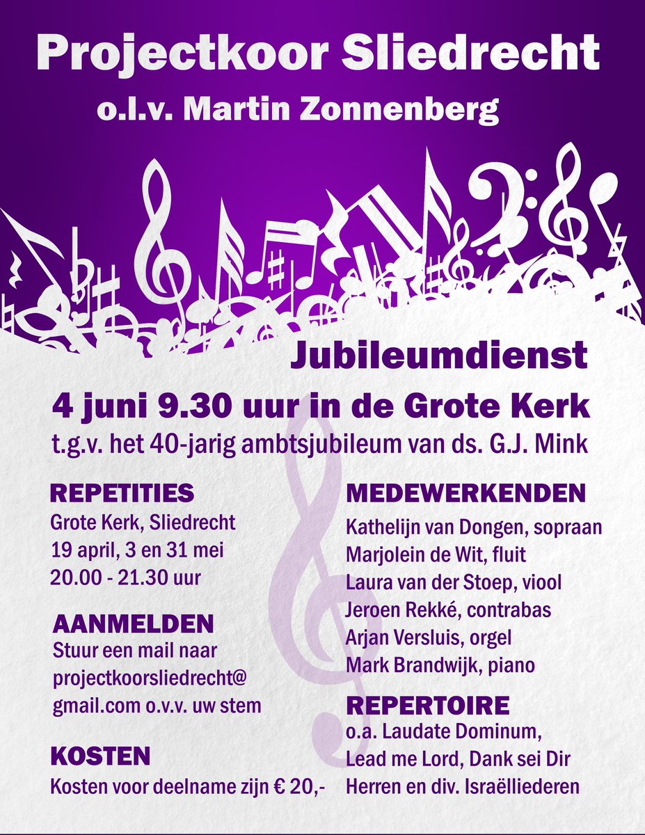 Zangers welkom bij #Projectkoor in #Sliedrecht, we starten in april. Zie mailadres oo de flyer.