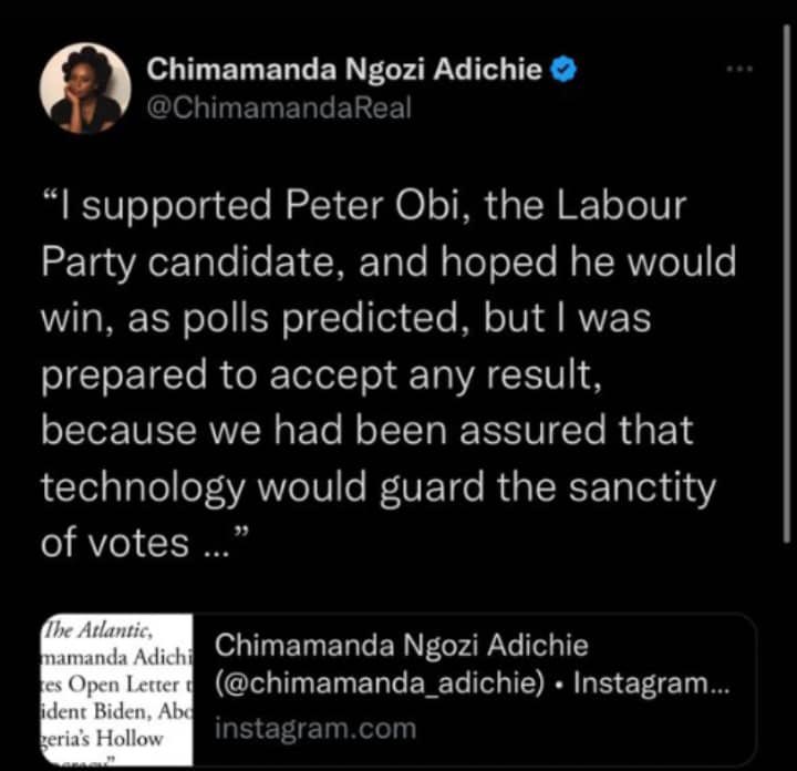 KemKem (Hajia Rahma) (@kempatriot) on Twitter photo *Chimamanda Adichie: Beyond Fiction*
No doubt, we all have our core strengths. The fact that <a href="/ChimamandaReal/">Chimamanda Ngozi Adichie</a>
is able to, successfully write fiction,doesn’t necessarily confer on her a modicum of wisdom, in the world of reality.
After all it’s a make-believe world she writes *Chimamanda Adichie: Beyond Fiction*
No doubt, we all have our core strengths. The fact that <a href="/ChimamandaReal/">Chimamanda Ngozi Adichie</a>
is able to, successfully write fiction,doesn’t necessarily confer on her a modicum of wisdom, in the world of reality.
After all it’s a make-believe world she writes
