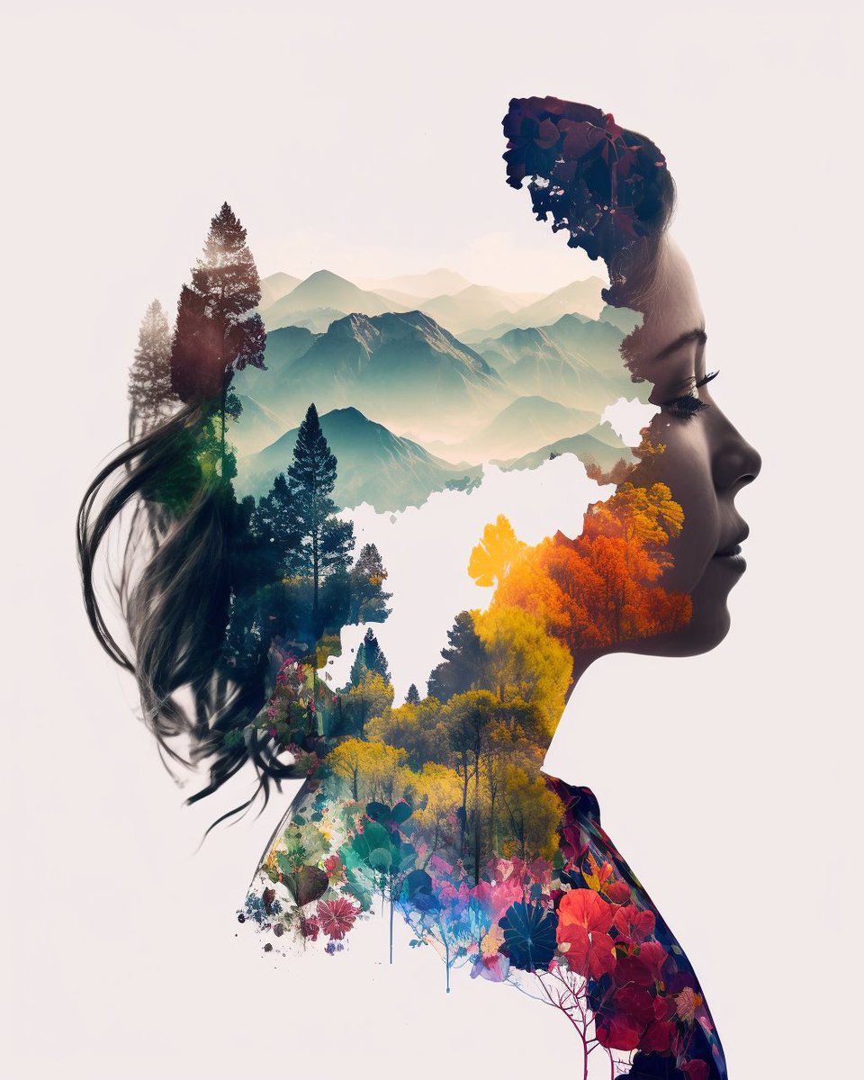 icreatelife's tweet photo. Have you played with double exposures already? I loved doing those with photography, so fun to do it with A.I. 

Would love to see what you come up with. 

Prompt: double exposure photography of man and the spectacular colourful nature, clean sharp focus, on white background, double exposure photography --ar 4:5