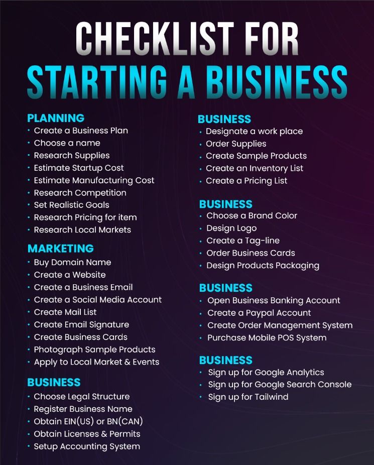 Looking to open a new business?
Here's a checklist.

Comment down if you need a more detailed one!!!

#business #startup #tipsforsucess #businesschecklist #entrepreneur