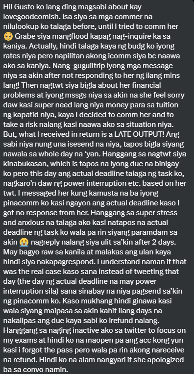 nat__x2's tweet photo. ‼️UPDATE‼️

@lovegoodcomish 

Really? Andami na lumapit sakin na ganto din experience sayo? A lot of them are saying na okay lang para sayo mag send ng late output pero pag si client hindi nag reply sayo ng ilan minuto ifflood mo sila and igguiltrip/gaslight? https://t.co/RCTUsV2atd