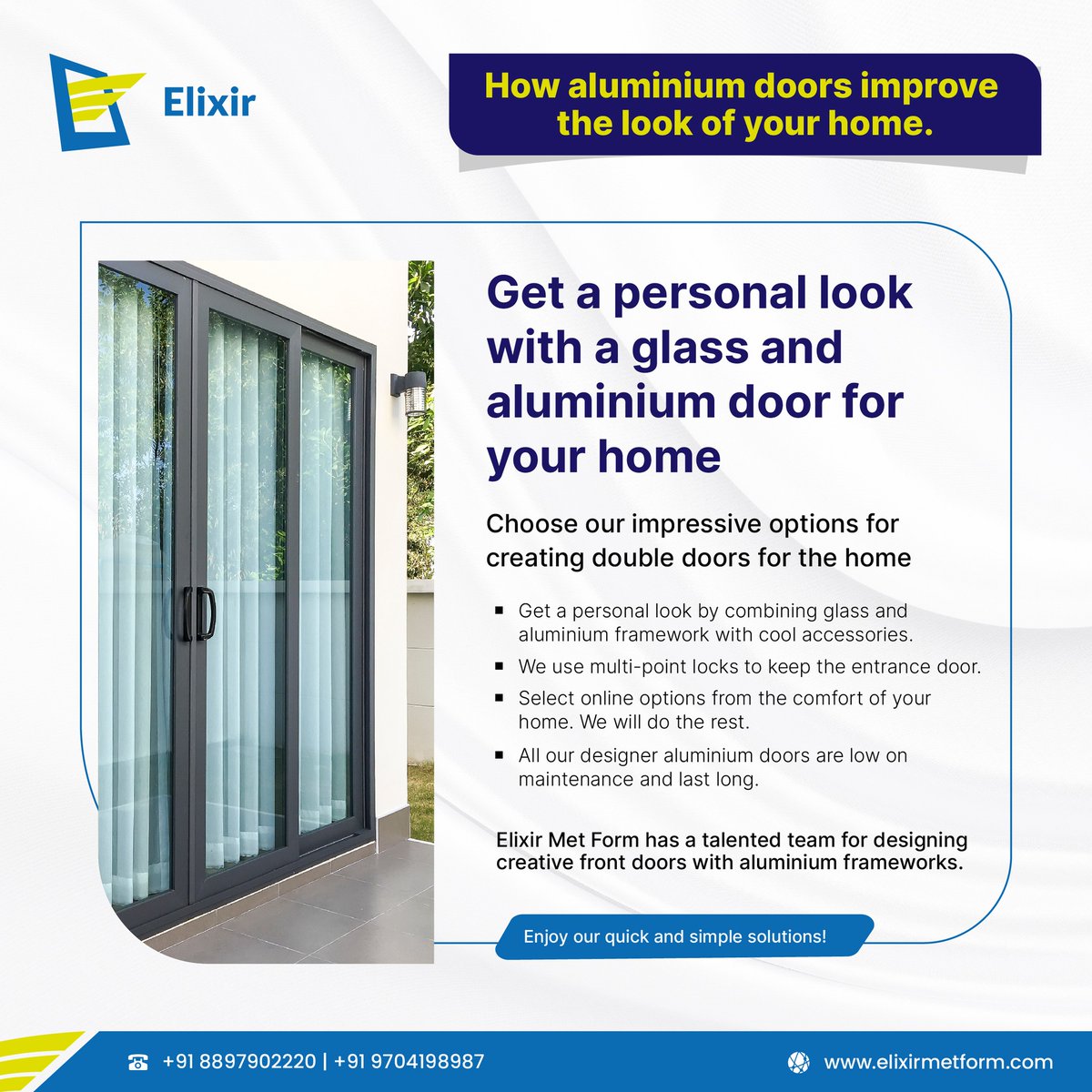 Elixir_Met_Form's tweet photo. How aluminium doors improve the look of your home?
Get a personal look with a glass and aluminium door for your home.
#AluminiumDoors #NewHome #HomeAluminiumDoors #PremiumWindows #PreCoatedGiWindows #PpGiWindows #GiWindows https://t.co/ZEyvomIMZE