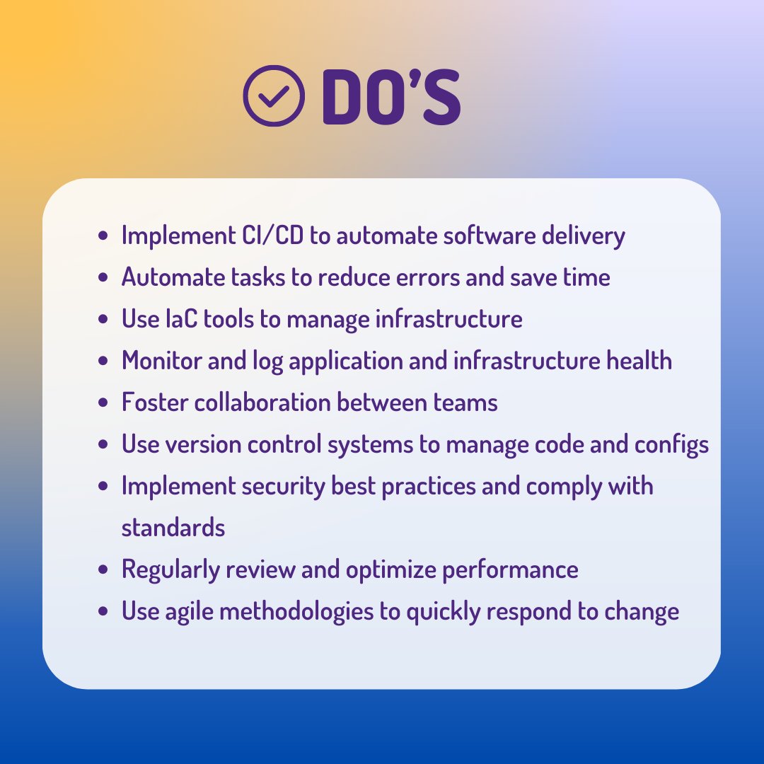 devopstechpark's tweet image. 🚀 Ready to take your #DevOps game to the next level?
Check out our top do's and don'ts for success in this fast-paced field! #DevOpsTips #BestPractices #ContinuousIntegration #ContinuousDeployment #SRE
