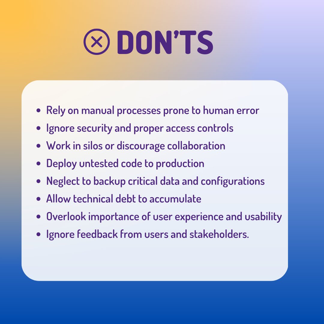devopstechpark's tweet image. 🚀 Ready to take your #DevOps game to the next level?
Check out our top do's and don'ts for success in this fast-paced field! #DevOpsTips #BestPractices #ContinuousIntegration #ContinuousDeployment #SRE