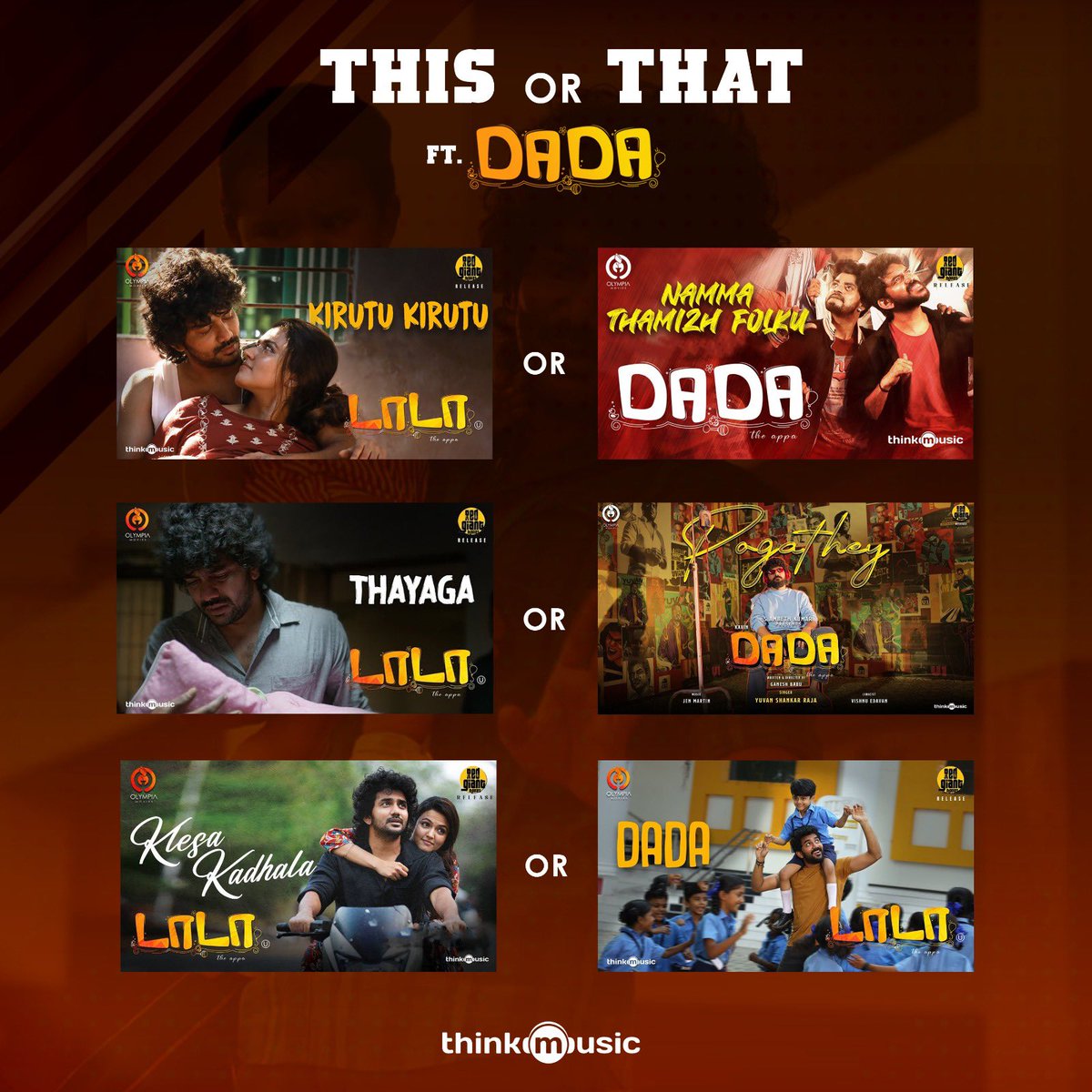 Let’s play #ThisOrThat with our favourite #DaDa album! ▶️ youtu.be/WlvJFfFjPtM A @JenMartinmusic musical @Kavin_m_0431 @aparnaDasss @ganeshkbabu @VaisaghOfficial @thisisysr @anthonydaasan @VishnuEdavan1 @OlympiaMovies