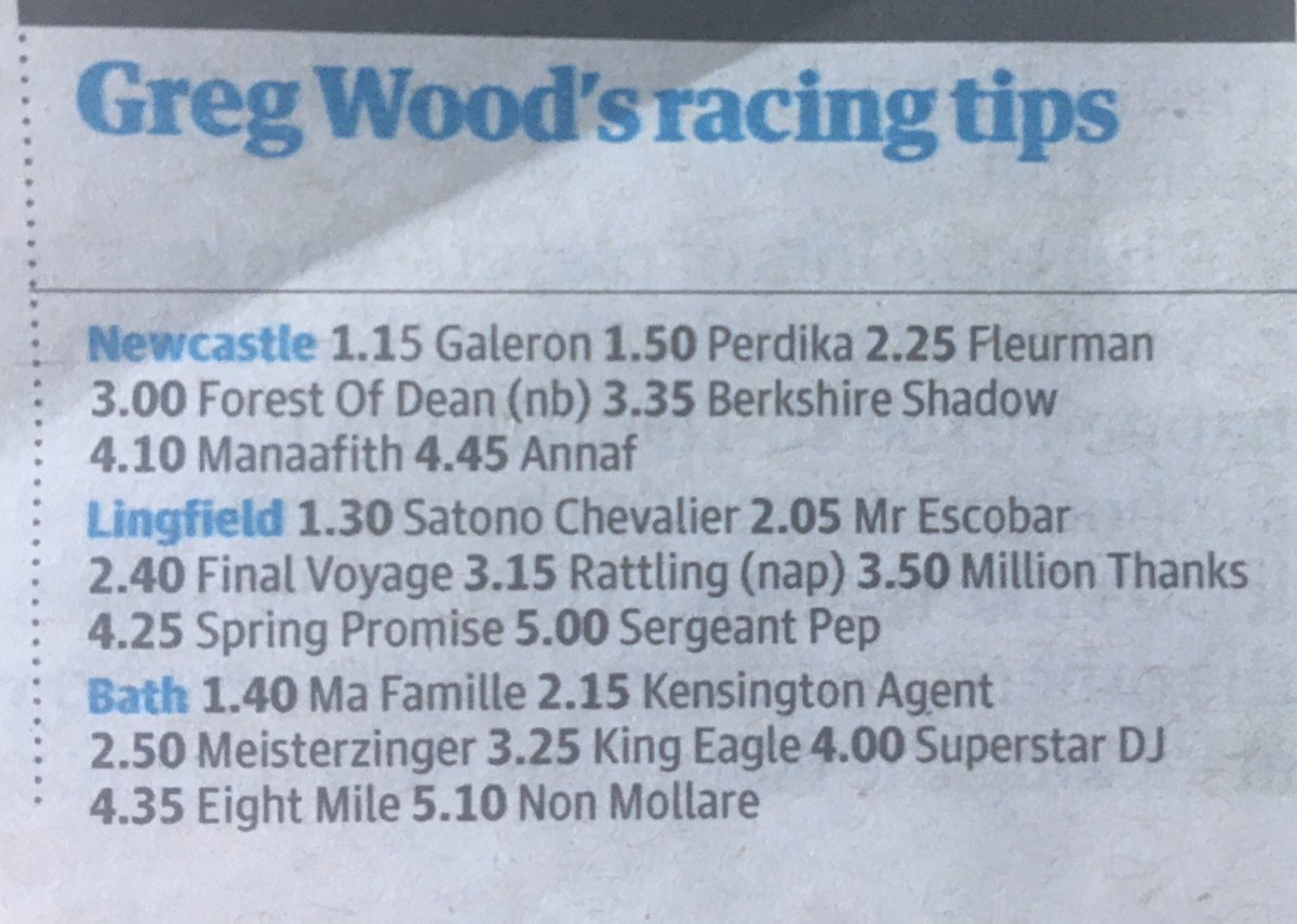 Les Taylor (@llanvapleych) on Twitter photo Stuck in hospital 
Asked for a paper so I could get stuck into #allweatherchamps <a href="/NewcastleRaces/">Newcastle Racecourse</a> and this is all the pathetic #guardian can come up with.
I bet @PaulKealy would like Greg Woods job! Stuck in hospital 
Asked for a paper so I could get stuck into #allweatherchamps <a href="/NewcastleRaces/">Newcastle Racecourse</a> and this is all the pathetic #guardian can come up with.
I bet @PaulKealy would like Greg Woods job!