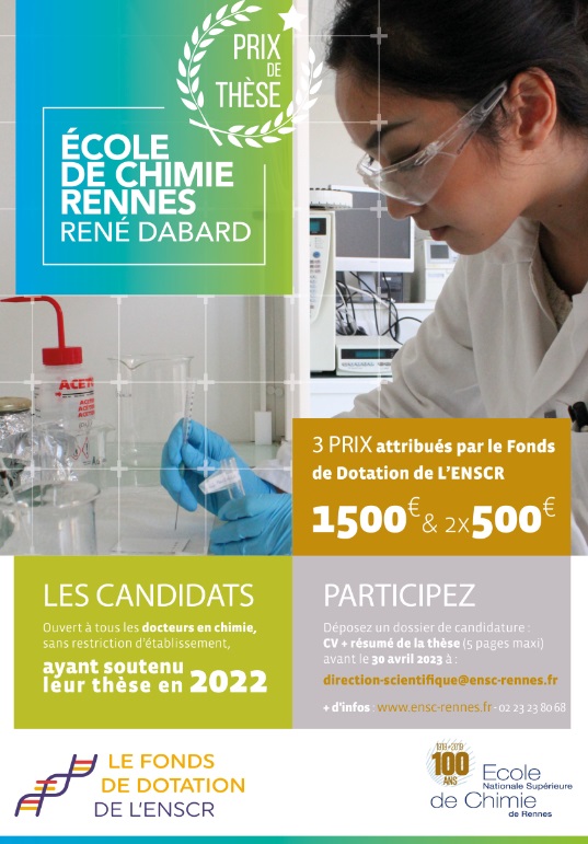 ENSCR (@enscr) on Twitter photo Prix de #thèse de #Chimie. Candidature jusqu'au 30 avril. Concours ouvert à tous les docteurs en chimie de France ayant soutenu leur thèse en 2022. #enscr
Infos ➡️bit.ly/3MpIJPD
<a href="/chimie_ISCR/">ISCR</a> <a href="/ecolesdechimie/">Fédération Gay-Lussac</a> <a href="/RennesUniv/">Université de Rennes</a> <a href="/SolvayGroup/">Solvay</a> <a href="/Arkema_fr/">Arkema France</a> <a href="/saintgobain/">Saint-Gobain</a> <a href="/Veolia_FR/">Veolia France</a> Prix de #thèse de #Chimie. Candidature jusqu'au 30 avril. Concours ouvert à tous les docteurs en chimie de France ayant soutenu leur thèse en 2022. #enscr
Infos ➡️bit.ly/3MpIJPD
<a href="/chimie_ISCR/">ISCR</a> <a href="/ecolesdechimie/">Fédération Gay-Lussac</a> <a href="/RennesUniv/">Université de Rennes</a> <a href="/SolvayGroup/">Solvay</a> <a href="/Arkema_fr/">Arkema France</a> <a href="/saintgobain/">Saint-Gobain</a> <a href="/Veolia_FR/">Veolia France</a>