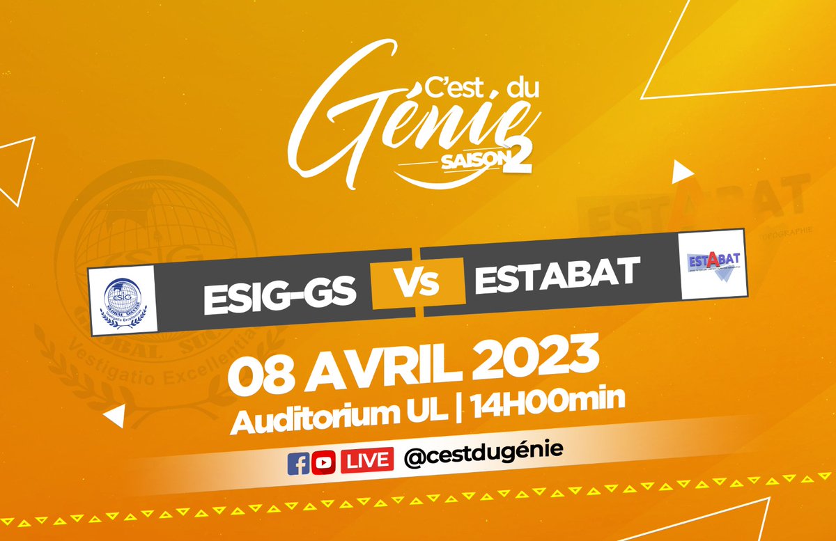C_Du_Genie's tweet photo. La compétition revient ce samedi !!! 🔥
Trois matchs au programme dès 14H GMT, à L'AUDITORIUM DE @UniveLomeTg !
📌 ESIG 🆚 ESTABAT
📌 IAI 🆚 LBS
📌 IPNET 🆚 IAEC
#CDG #CDGenie
#CultureGenerale
#PourLeTogo https://t.co/EpktLhECwh
