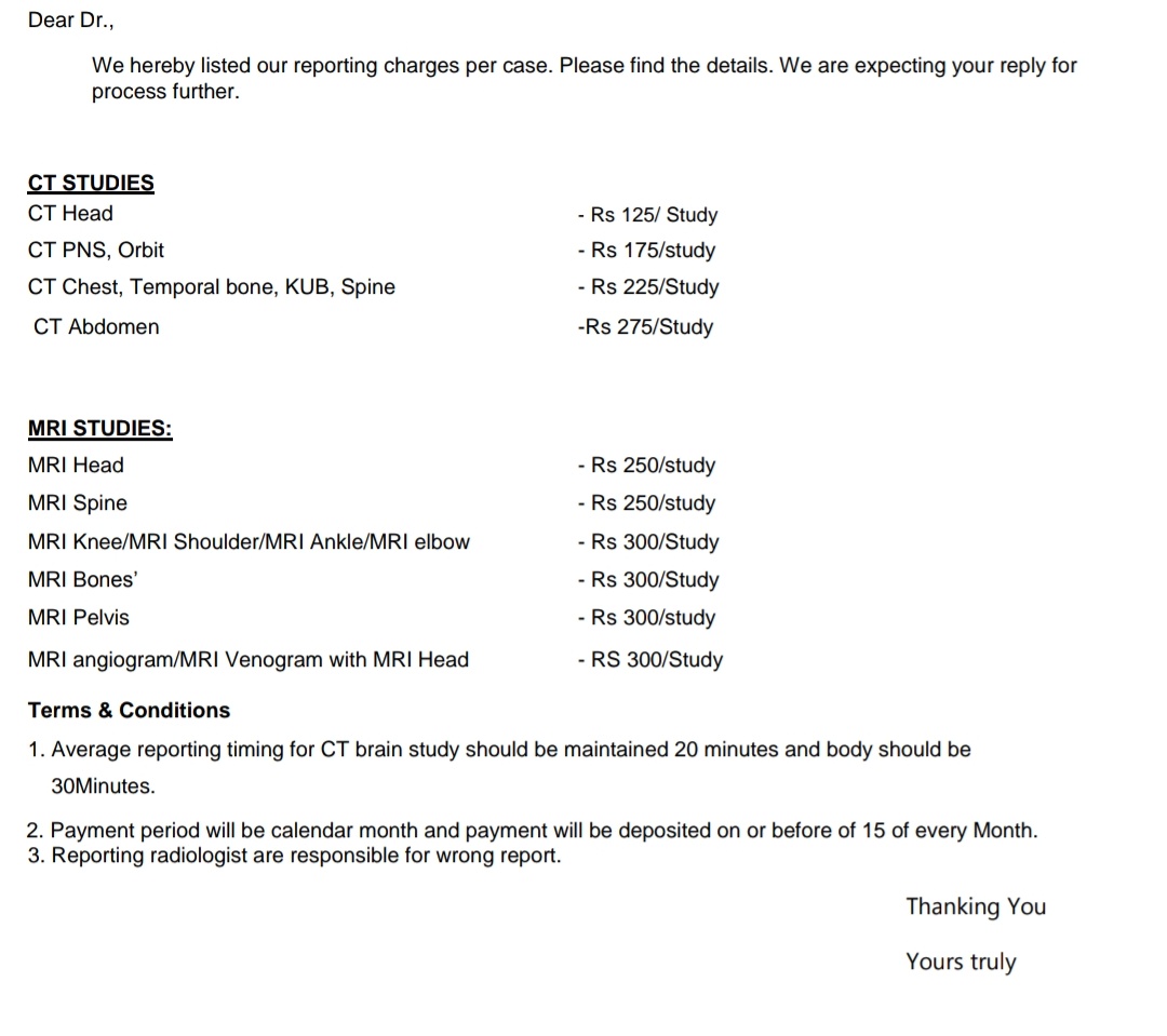 ASK_MSK's tweet image. Reporting a CT brain by teleradiology today in India would earn the radiologist Rs 125 ($1.5)

Meanwhile other prices in India (Rs):
Repair car tyre puncture: 150
Install shelf: 139-349
Haircut: 249
Install TV: 400-500
Cafe latte at Starbucks: 235
Big Mac (Maharaja): 235