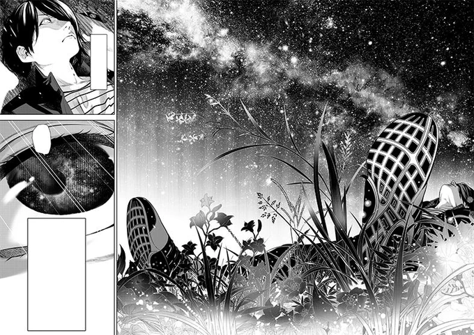セリフも「ーーまだ死ぬわけにはいかない。夜空にはこんなにも星があふれてるってのにーー僕は。その名前の一つすら知らないのだから。」で前フリ。原作ありきのコミカライズだからできることでした。(グレ吉) 