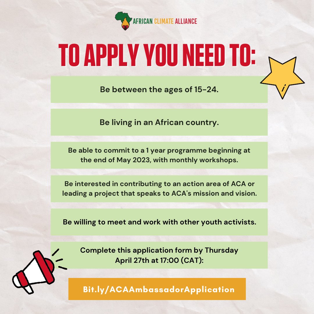 ⭐️ We are on the search for our next group of ACA Ambassadors! 🌍Follow this link for more info and to apply: Bit.ly/ACAAmbassadorA… 🌱Share this post with a friend or family member that you think might be interested! #ClimateJustice