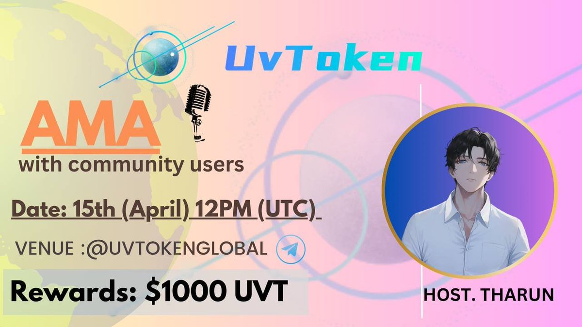 UvTokenOfficial's tweet photo. Upcoming #AMA 🗣️

Join us https://t.co/MxapI8dIJJ
🗓️ Date : 15th April 
⏰ Time:  12PM UTC 

2000 UVT  GIVEAWAY🔥

TO ENTER:
✅Follow 
@UvTokenOfficial
 ✅Like+Retweet
✅Comment
10 winners will get 200 #UVT each
⏳Time:  15th April

Ask your questions in comments 🥳🥳
#Giveaway https://t.co/9atBHholKQ