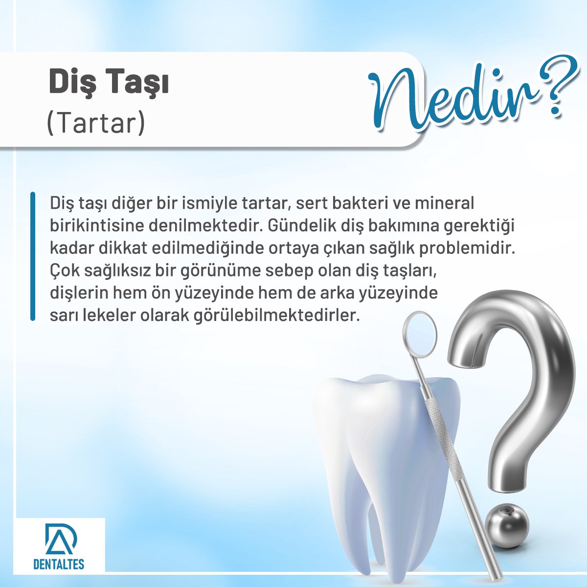 Diş taşı diğer bir ismiyle tartar, sert bakteri ve mineral birikintisine denilmektedir. Detaylı bilgi ve randevu için : 0216 784 4394 #DentAltes #dişhekimi #dişkliniği #İstanbul #altunizade