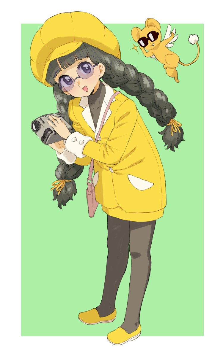 daidouji tomoyo ,kero 1girl twin braids camera hat braid yellow headwear pantyhose  illustration images