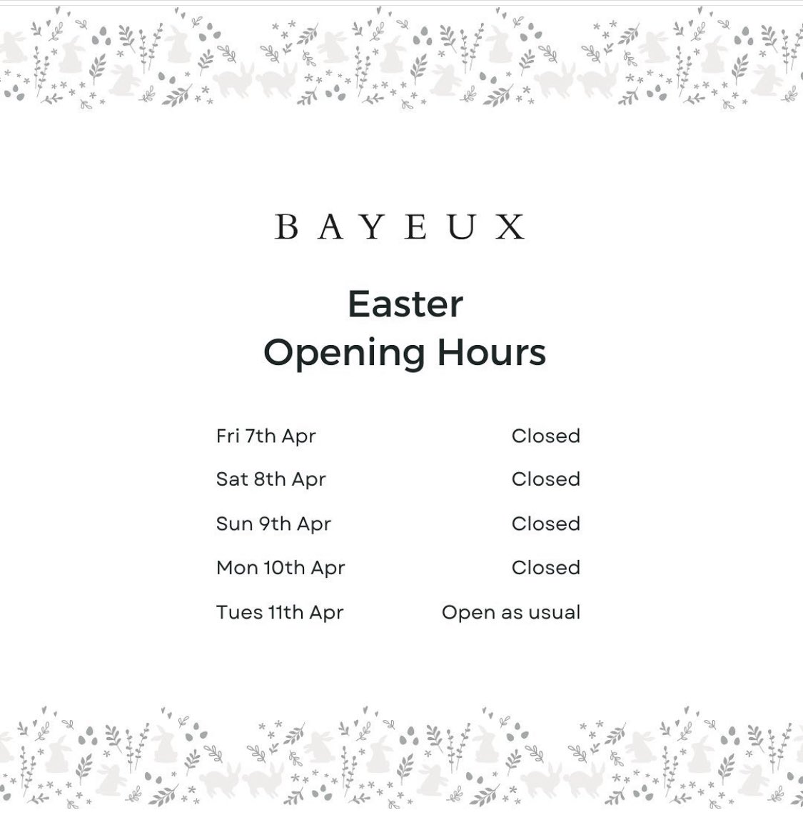 Bayeux would like to wish you a Happy Easter.
We are closed over the Easter weekend, however, you can post film through the letterbox, please include your name, contact number, processing instructions and scanning or printing instructions. Thanks
#Bayeux #Photography #Film #Print