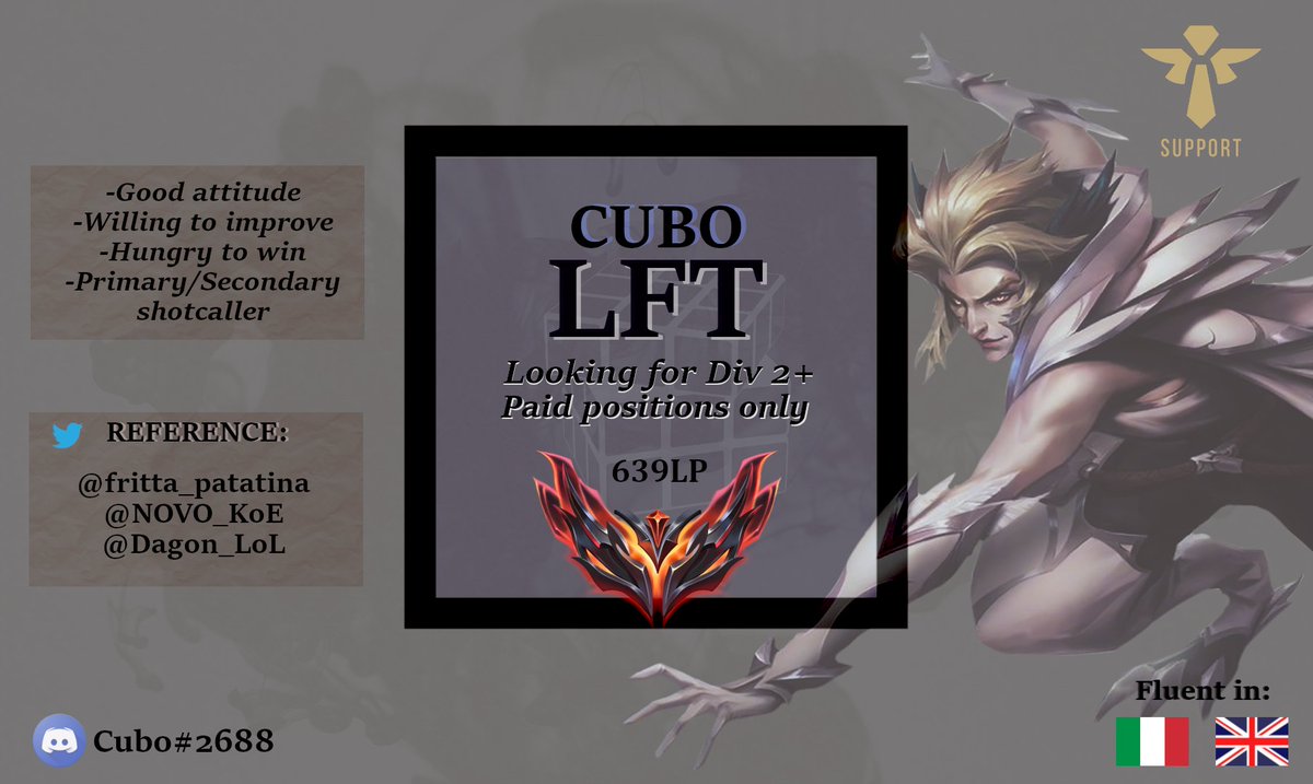 Cubo (@cubo_lol) on Twitter photo Hi everyone!
I'm still under contract with <a href="/NOVOEsports/">NOVO Esports</a> but I'm allowed to explore options for summer split.
After a pause in spring I'm motivated to compete more than ever.
lolpros.gg/player/cubo
lol.fandom.com/wiki/Cubo
❤️ & 🔃 are highly appreciated! Hi everyone!
I'm still under contract with <a href="/NOVOEsports/">NOVO Esports</a> but I'm allowed to explore options for summer split.
After a pause in spring I'm motivated to compete more than ever.
lolpros.gg/player/cubo
lol.fandom.com/wiki/Cubo
❤️ & 🔃 are highly appreciated!