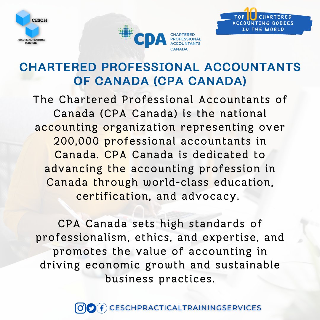 CESCHPTServices's tweet photo. Top 10 Chartered Accounting Bodies in the World

No. 5: CPA Canada

With a strong commitment to innovation, diversity, and inclusiveness, CPA Canada is a trusted source of expertise and leadership in the Canadian accounting community.

#charteredaccountants #top10 #cpa #CESCH https://t.co/ldA0C246Ps