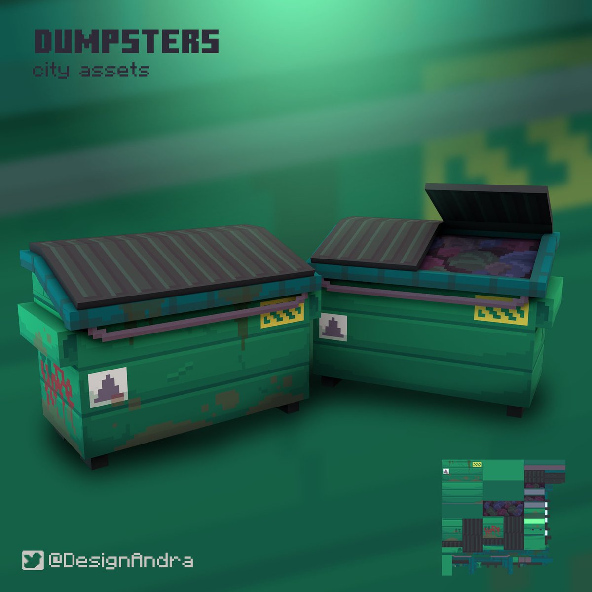 DesignAndra's tweet image. Another day, another model!🙂 #day2
Just finished creating a simple model of a Dumpster! 
#minecraft #3dmodels #voxel #blockbench #dumpster
