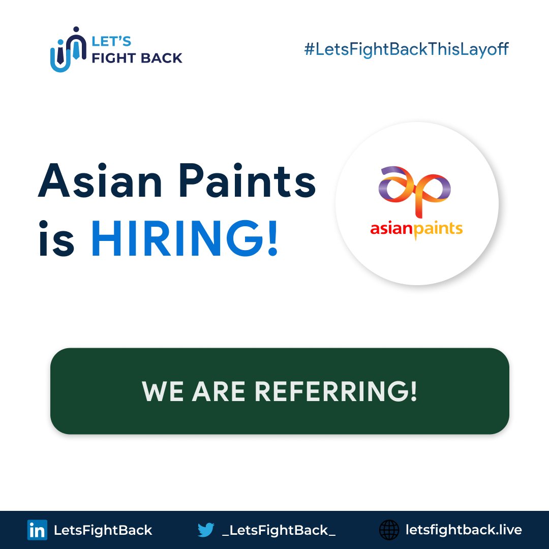 _LetsFightBack_'s tweet photo. Asian Paints is hiring and #LetsFightBack is referring!! Grab the opportunity while you can by filling up the form in the comments.
#LayoffAlert #hiring #HiringAlert #Job #JOBALERT #nowhiring https://t.co/sNPSY0WdYu