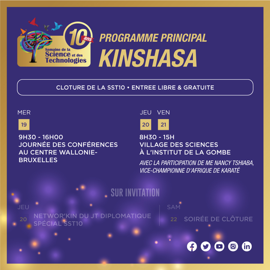 Programme principal à Kinshasa #SST10 #RDC.
Nous serons en direct sur notre page Facebook. Abonnez vous!

<a href="/TshiabaNancy/">TSHIABA NANCY</a> <a href="/MichelleNdiaye1/">Michelle Ndiaye-Director Transformative Peace -OSF</a> <a href="/AfricanUnionDRC/">L'Union africaine en RDC/African Union in the DRC</a> <a href="/he_belhocine/">Prof. Mohammed Belhocine</a> <a href="/_AfricanUnion/">African Union</a> <a href="/NextEinsteinFor/">Future of Science Forum</a> <a href="/JosephineNdeze/">JN</a> <a href="/rt_educ/">𝙍𝙏𝙀𝘿𝙐𝘾</a> <a href="/BuildWakanda243/">LindaProject.org</a> <a href="/UNESCOKinshasa/">UNESCO RDC</a>