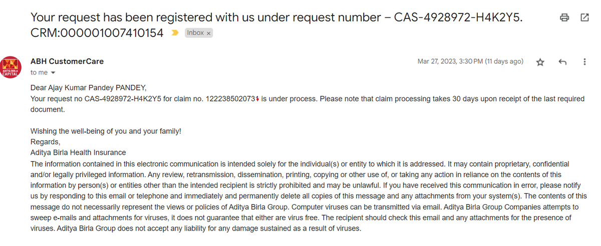 Ajay091286's tweet photo. @abccare I have submitted all medical documents for Claim Reimbursement on 20.02.23 &amp; I have received this mail on 27 March that means after 38 days, Claim was still under process . please tell me How much time required for a claim settlement.. https://t.co/WyWQeWUSch