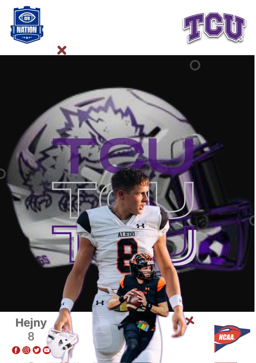 2024 3 🌟 QB Recruit Hauss Hejny Has Announced His Commitment To Texas Christian University @TCUFootball 

Hejny Threw For 2,094 Yds, 20 TDs, 1,276 Rush Yds, & 15 TDs Last Season For Aledo HS

#NCAA #HornedFrogs #TCU #CFBNATION @HaussHejny