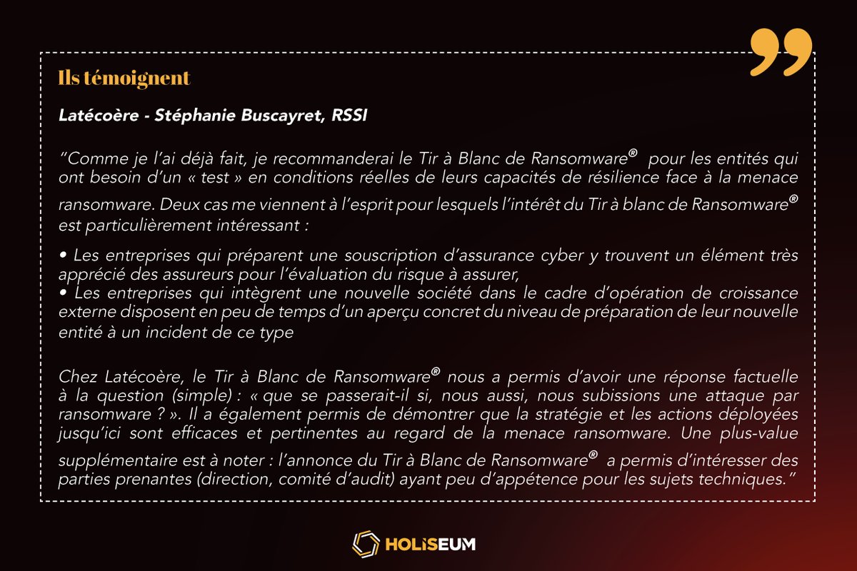 HOLISEUM (@holiseum) on Twitter photo 📢En direct du <a href="/FIC_eu/">Forum InCyber (FIC) - EUROPE</a> Holiseum annonce la publication du Livre Blanc : "Tir à Blanc de #Ransomware : après 40 occurrences, quels enseignements retenir ?"
👀Pour le télécharger 👉 holiseum.com/livre-blanc/ti…
#cybersécurité #FIC #Livreblanc 📢En direct du <a href="/FIC_eu/">Forum InCyber (FIC) - EUROPE</a> Holiseum annonce la publication du Livre Blanc : "Tir à Blanc de #Ransomware : après 40 occurrences, quels enseignements retenir ?"
👀Pour le télécharger 👉 holiseum.com/livre-blanc/ti…
#cybersécurité #FIC #Livreblanc