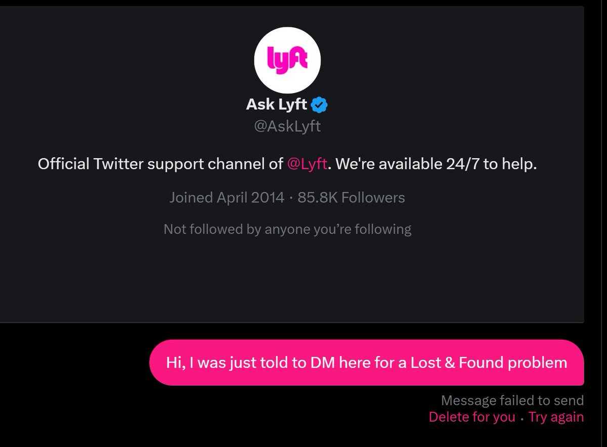 panicbear's tweet photo. @AskLyft Not working. Note the "Message failed to send" there. Do you really only do real-time support through TWITTER? https://t.co/0xEStk6pNQ