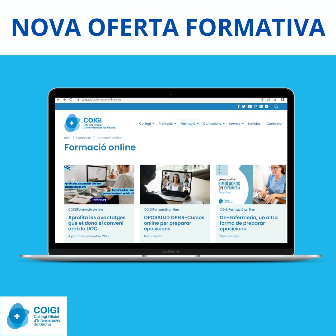 COIGIrona's tweet photo. 📢Nova oferta formativa per al 2n. Trimestre de 2023
Ja pots inscriure't als cursos presencials i online que la comissió de Formació del COIGI ha preparat .

APUNTA'T

➡️https://t.co/4aYTwvzivD
➡️https://t.co/JRg65Jghfa

#formació
#infermeres https://t.co/2CTkJwXV8u