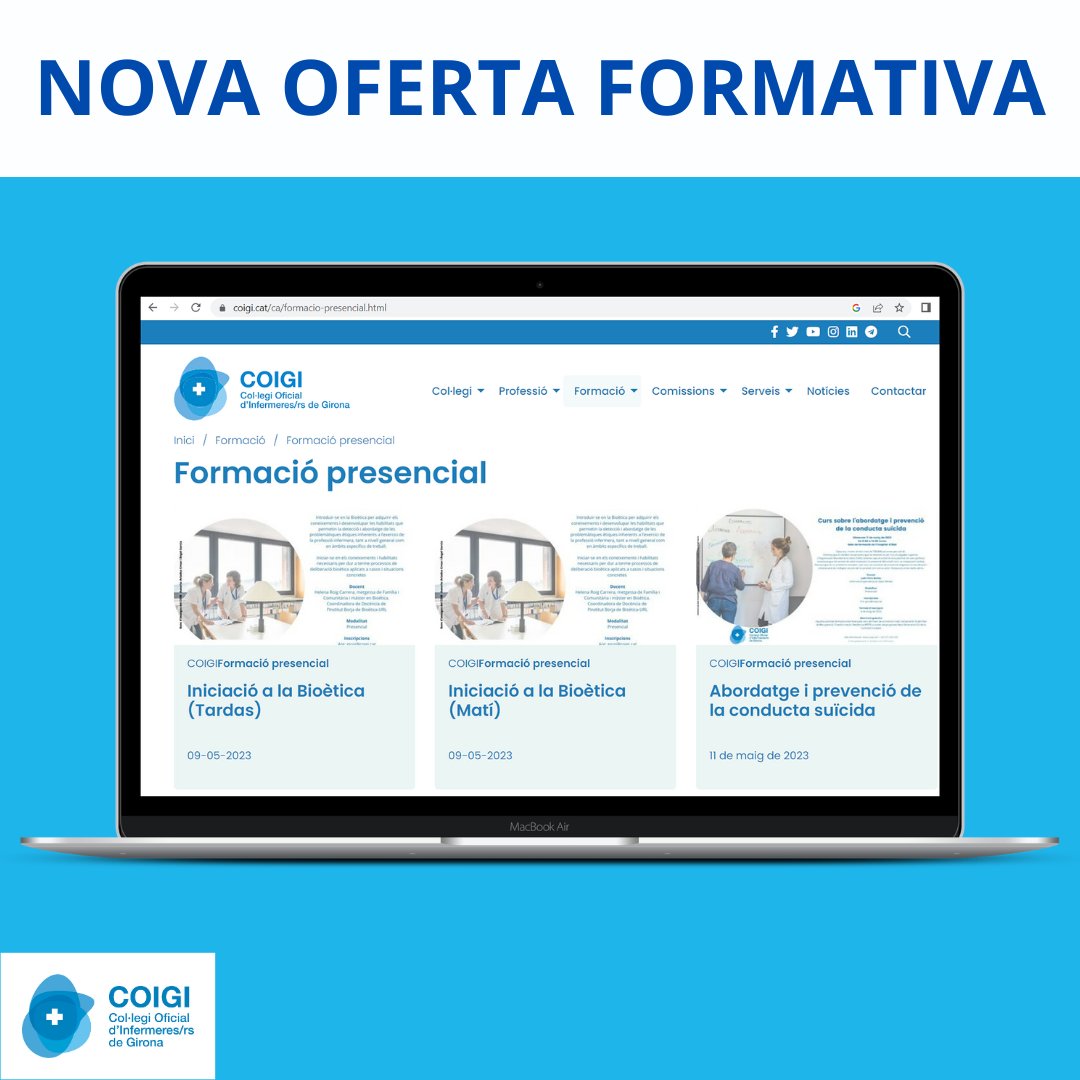 COIGIrona's tweet photo. 📢Nova oferta formativa per al 2n. Trimestre de 2023
Ja pots inscriure't als cursos presencials i online que la comissió de Formació del COIGI ha preparat .

APUNTA'T

➡️https://t.co/4aYTwvzivD
➡️https://t.co/JRg65Jghfa

#formació
#infermeres https://t.co/2CTkJwXV8u