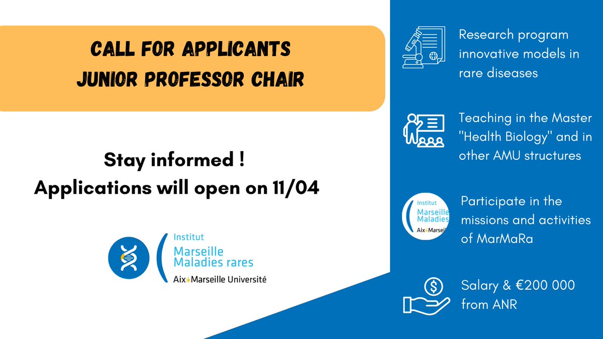 Institut Marseille Maladies Rares (@marmara_amu) on Twitter photo 📢 A Junior Professor Chair is available ! Applications open on 11/04. The successful candidate will conduct a #research program on innovative models on #rarediseases, participate in the teaching and activities of <a href="/marmara_amu/">Institut Marseille Maladies Rares</a> More info🔗 univ-amu.fr/system/files/2… 📢 A Junior Professor Chair is available ! Applications open on 11/04. The successful candidate will conduct a #research program on innovative models on #rarediseases, participate in the teaching and activities of <a href="/marmara_amu/">Institut Marseille Maladies Rares</a> More info🔗 univ-amu.fr/system/files/2…