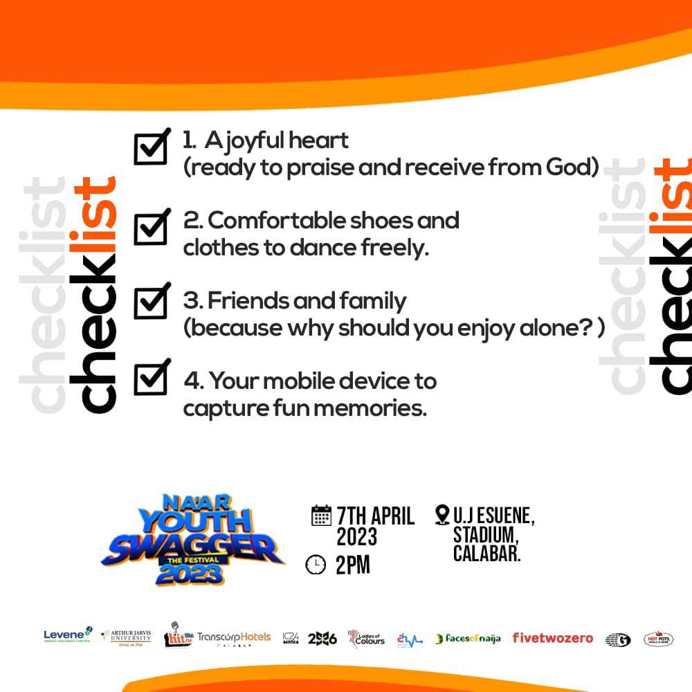 Just in case you're coming to Youth Swagger, we have a checklist for you.

What's a Youth Swagger without the right frame of mind and the right things to do. Right??? 

We'll see you there.

#YouthSwagger2023
#thefestival
#graceconsulate