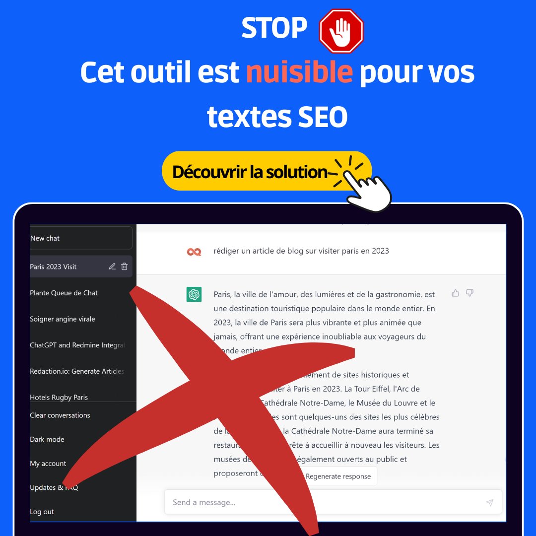 💬j'ai créé des centaines de textes SEO avec ChatGPT pour mon site 

Sérieusement ? Stop à la boucherie 🔪
#ChatGPT N'EST pas fait pour le SEO  

Testez : 3 textes SEO offerts/mois
✅Contenu automatisé et optimisé SEO 
✅Gain de temps 
✅Une longueur d'avance sur vos concurrents
