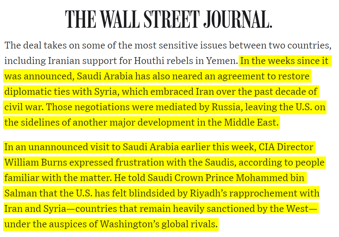 KanekoaTheGreat's tweet photo. CIA Director William Burns visited Saudi Arabia this week to express the United States' displeasure with the Crown Prince for cooperating with China and Russia to negotiate peace deals with Iran and Syria

Joe Biden's proxy war is turning our allies into adversaries. https://t.co/ZZ27jpqaZf