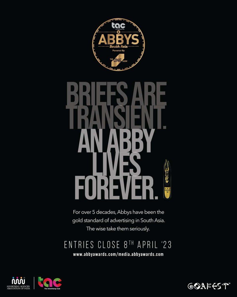Being the gold standard of awards for over 5 decades and FOREVER! 
Register for the Abbys now.

For submission of entries at Abbys both Creative and Media 2023 here are the details:
The entry form can be downloaded from theadvertisingclub.net