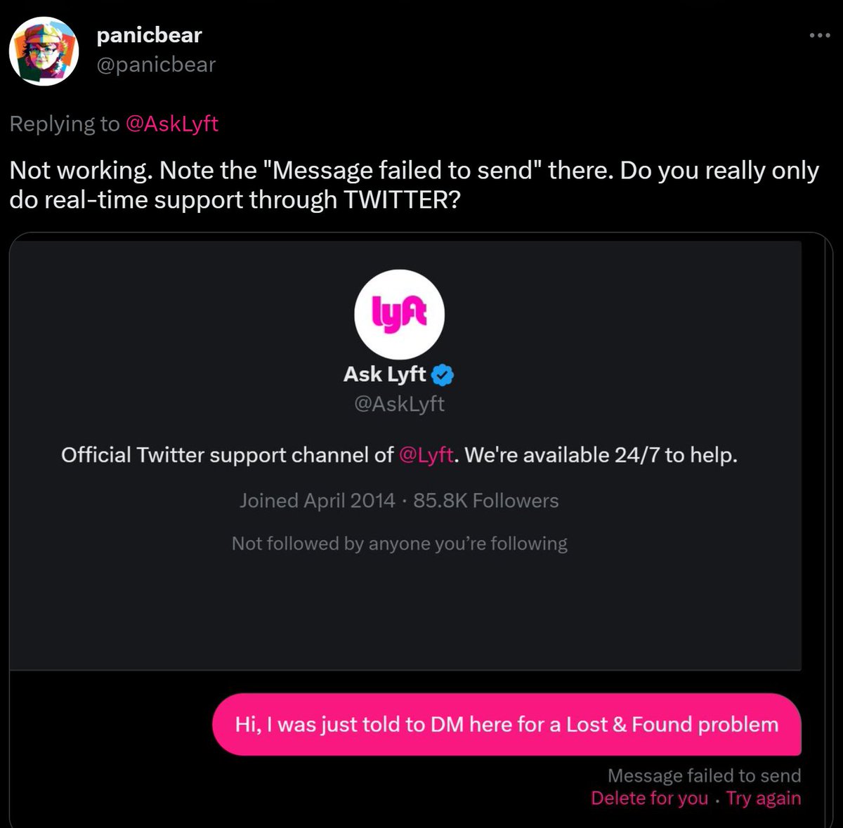 Does Uber have better support than this? Might be time to switch. Lyft told me to DM them, and when that failed, they stopped responding, giving me no other option for getting support. #Lyft #Uber #rideshare