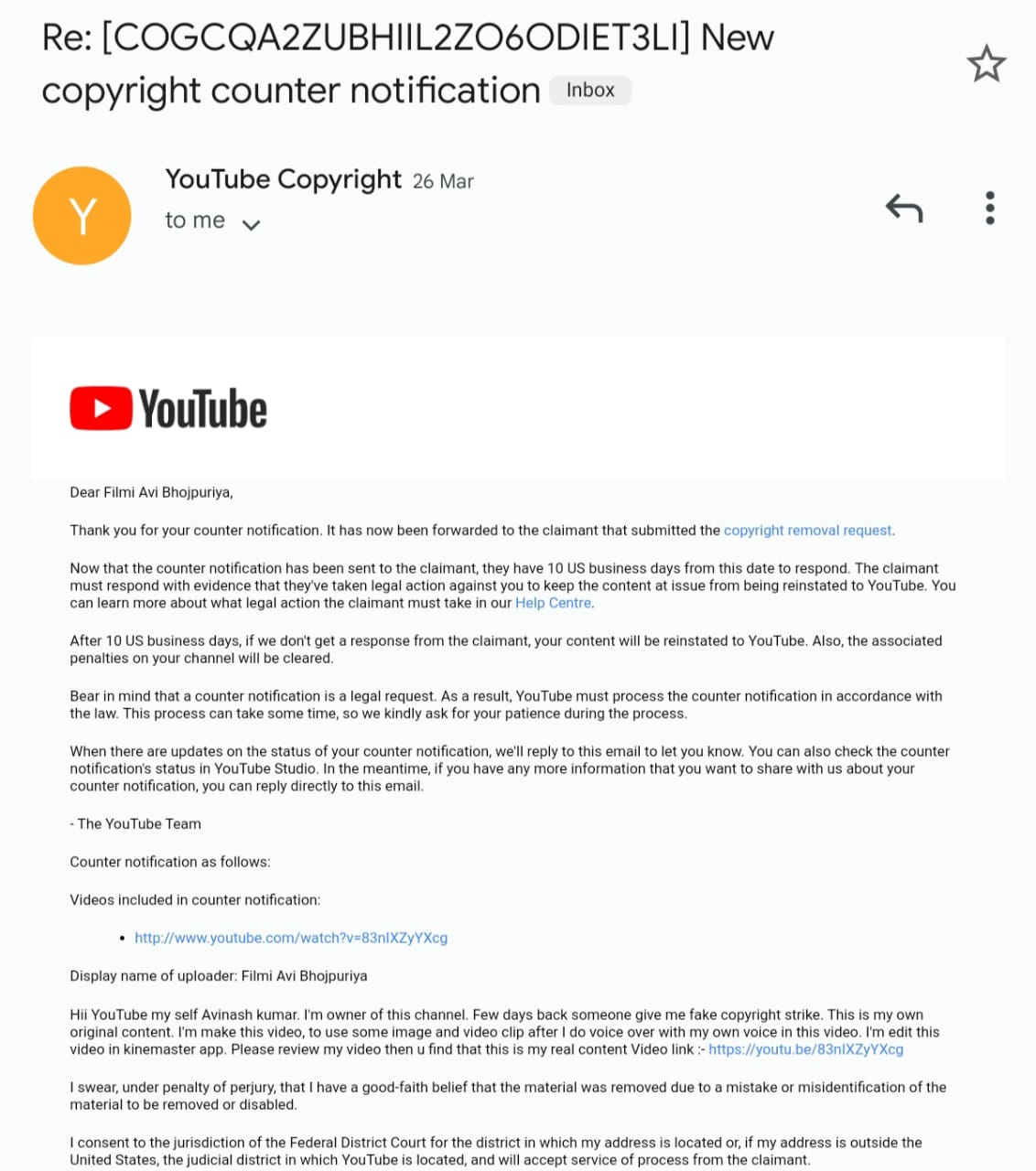 TeamYouTube on Twitter: "@AviAvin07187638 sorry about that! we process your counter  notification by forwarding it to the claimant, so the 10 business day  period doesn't start until *they* receive the claim. more