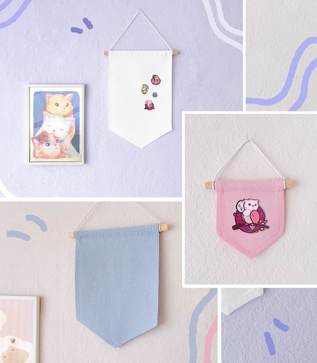 studiomiamouz's tweet image. hullo! i can proudly show you the new pinbanners!
they are made sustainably and made in germany by my dear friend maria and they come in 5 colors: black, gray, white, light blue and pink. 😊
me happy 💕