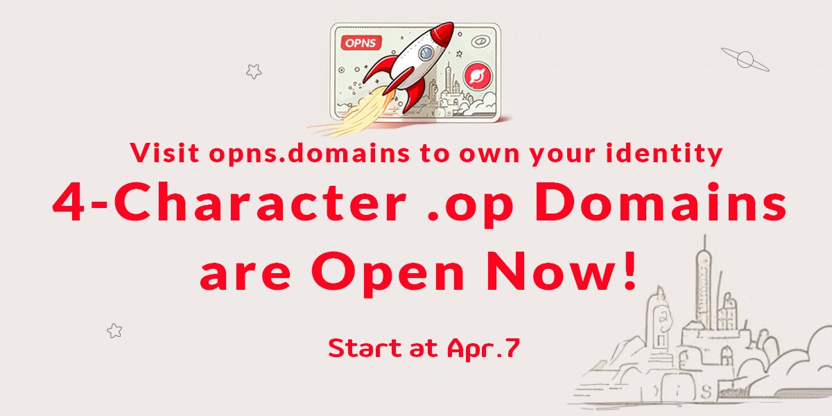 OPNSdomains's tweet image. 🔥Exciting News! Available for 4-Character .op Domains Now! Register at opns.domains and Secure Your Unique Domain Name! Don&apos;t Miss Out!

#OPNS #Domain #DID #Optimism
