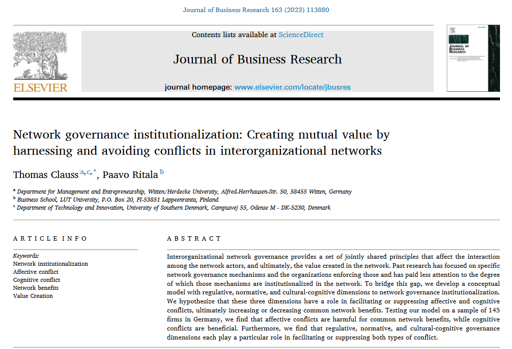 "Network governance institutionalization: Creating mutual value by harnessing and avoiding conflicts in interorganizational networks"

New publication at Journal of Business Research with @thomas_clauss!

Open access link (available 50 days):
authors.elsevier.com/c/1gtHiXj-jft0E

#LUTbiz