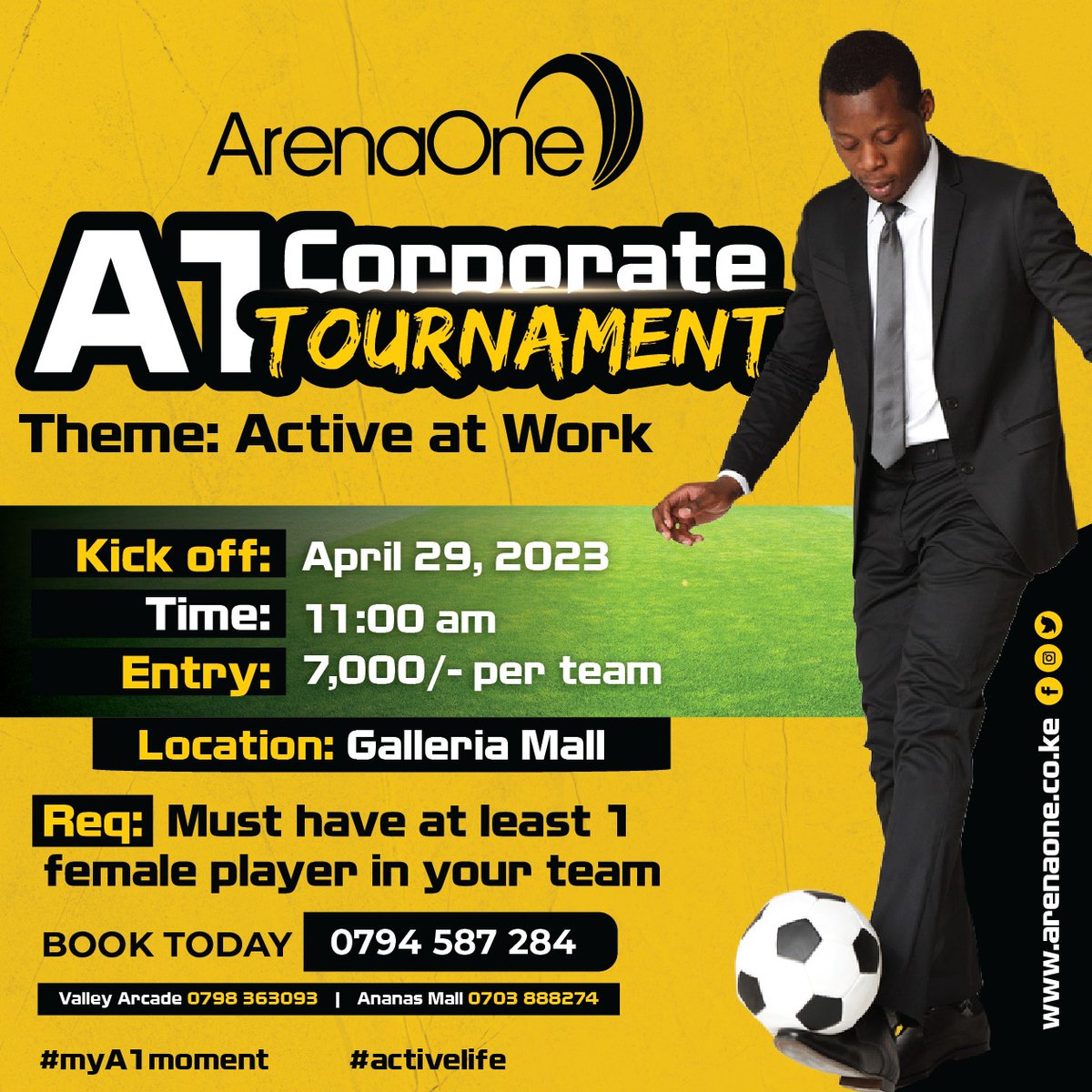 Scoring goals and making connections - our corporate five-a-side tournament is the perfect opportunity to network and have fun! ⚽🤝🎉 

#arenaone #MyA1moment #football #corporatetournament #Networking #activeatwork #Corporate #OfficeGoals #Soccer #fiveaside #nairobikenya