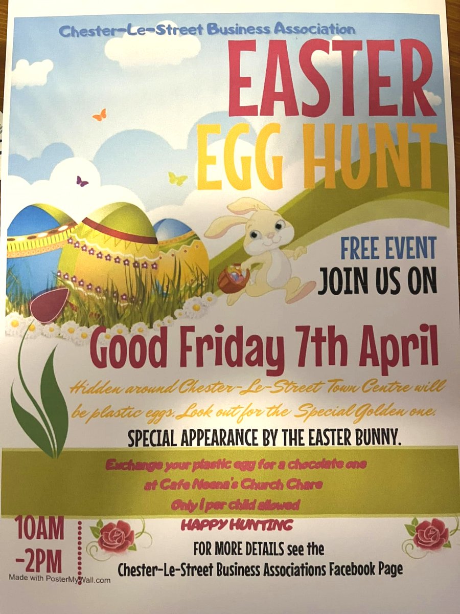 #ChesterleStreet's #Easter Egg Hunt starts at 10am! 🐣 

Plastic eggs will be placed on the Front St, <a href="/stcuthbertswalk/">St Cuthbert's Walk Shopping Centre</a>, Market Place and around the Parish Church.  

When you find a plastic egg, take it to <a href="/cafeneenas/">Cafeneenas</a>  to exchange it for a chocolate egg. One per child; kids only!