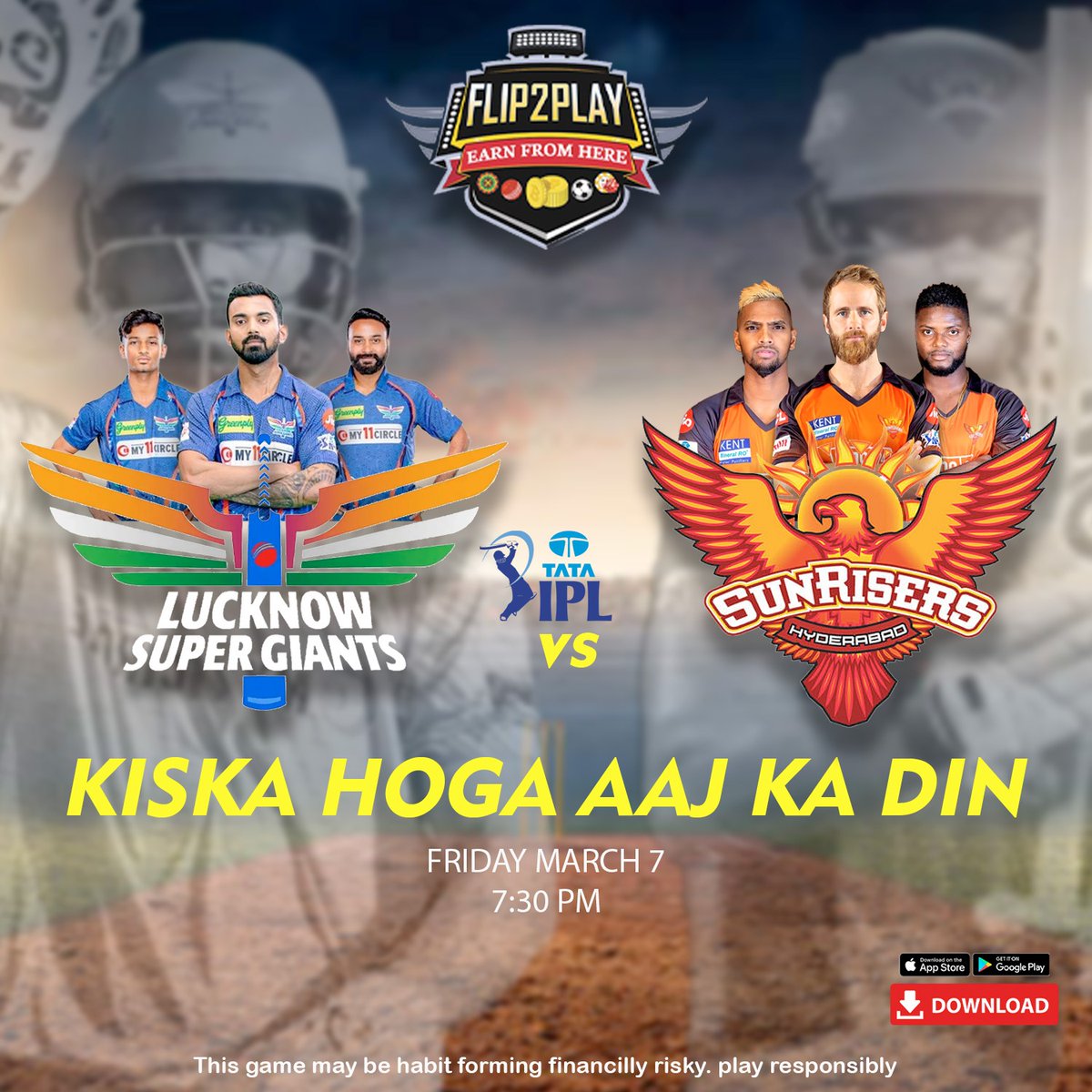 flip2play's tweet photo. Kiska hoga aaj ka din? Will Lucknow Super Giants or Sunrisers hyderabad emerge victorious tonight at 7:30 pm? Download Flip2play and create your fantasy team now to find out! Show off your cricket skills and stand a chance to win big. Don't miss out on the excitement! 🏏🔥

#IPL https://t.co/mgnl8adhaP