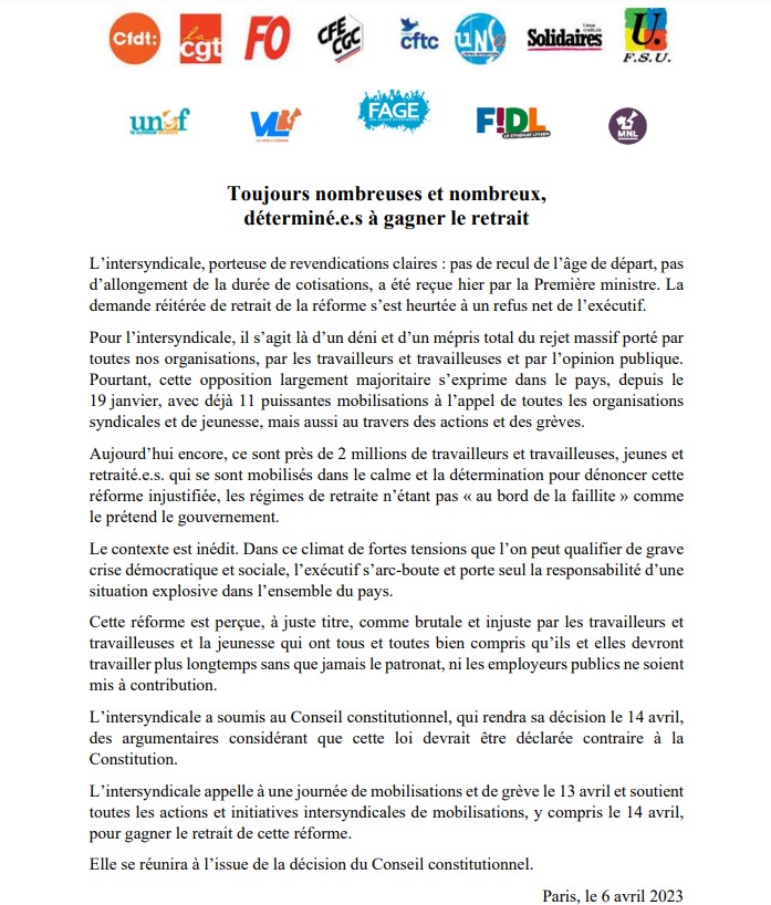 || COMMUNIQUÉ DE PRESSE COMMUN || L’intersyndicale appelle à une journée de mobilisations et de #grève le #13avril et soutient toutes les actions intersyndicales de mobilisations, y compris le 14/04, pour gagner le retrait de cette réforme. cfdt.fr/portail/presse… #retraites