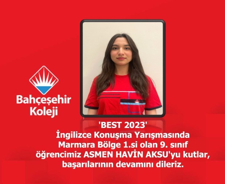 The BEST Regional Round Winner for the Marmara Region is 9th grader Asmen Havin Aksu from Bahçeşehir Ömerli Anatolian High School!🎉 Congratulations Asmen! We wish you success for the final round!
<a href="/BkOmerli/">BK Ömerli Kampüsü</a> <a href="/mturanoznacar/">Mehmet Turan ÖZNACAR</a> <a href="/dincercitak/">Dinçer Çıtak</a> <a href="/EdaYagmurAydin1/">Eda Yağmur Aydın</a> <a href="/neriman_derya/">Neriman Derya</a> <a href="/kader_ulass/">Kader Ulaş</a>