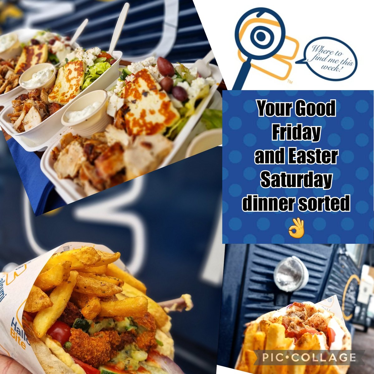 Get your #GoodFriday2023 and #EasterSaturday gyro fix as a #takeaway or #Eat-in at our new home, Royal Oak pub.

Friday 5-9pm 
Saturday 11am-2pm and 5-9pm 

Place your order ahead to avoid disappointment.
#EasterWeekend #gyro #streetfood #halloumi #halloumibite