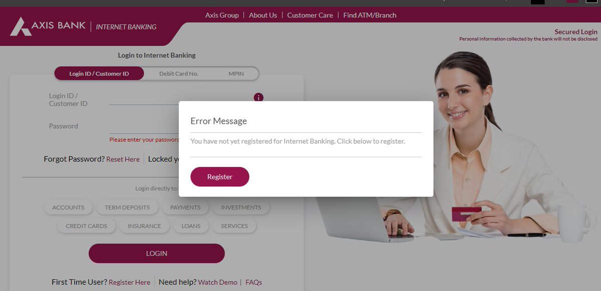 darshanswami88's tweet photo. I'm using @AxisBank net banking last 2 years but when I trying to login today then it's show me this message :(
@AxisBankSupport https://t.co/8aYVIr7pjc