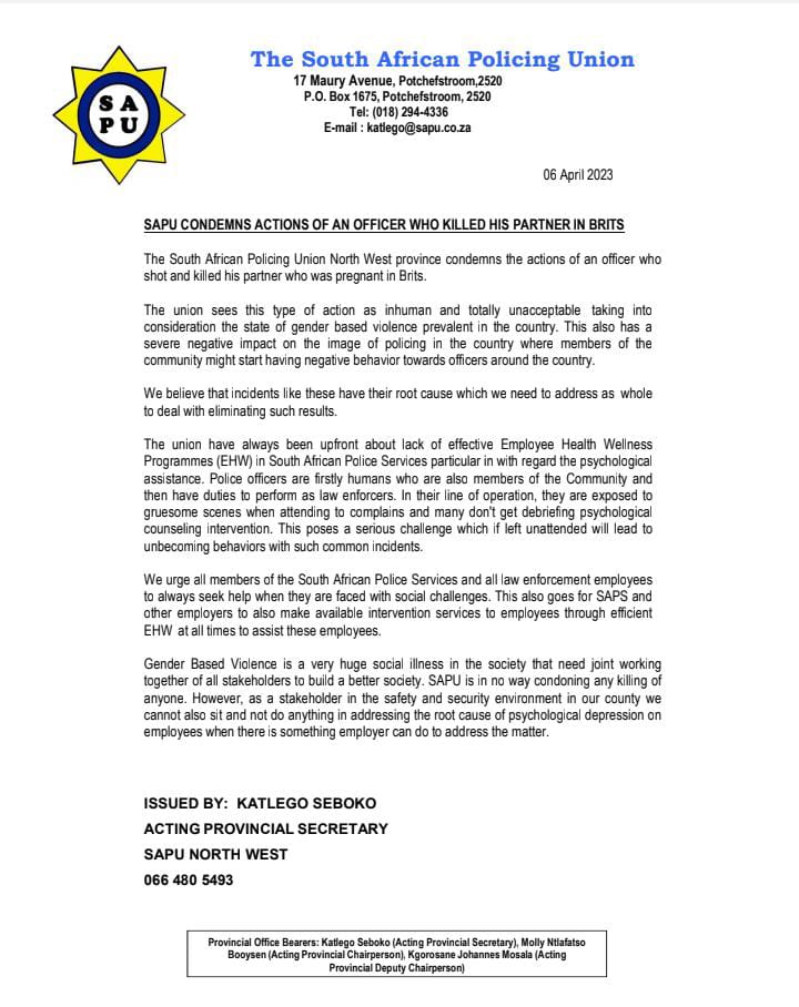 wearesapu's tweet photo. #SAPU CONDEMNS ACTIONS OF AN OFFICER WHO KILLED HIS PARTNER IN BRITS, NORTH WEST.
#SAPUCARES
#protecttheprotector https://t.co/cdQZOFTIxk