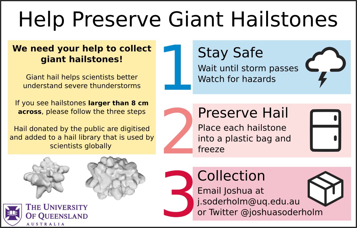 ⛈️There have been reports of giant hail between 9 &amp; 11cm on the Darling Downs this afternoon. As well as a 104km/hr wind gust at Oakey. If you have received giant hail and it is safe to do so, please help us preserve these stones for research purposes using the steps below.